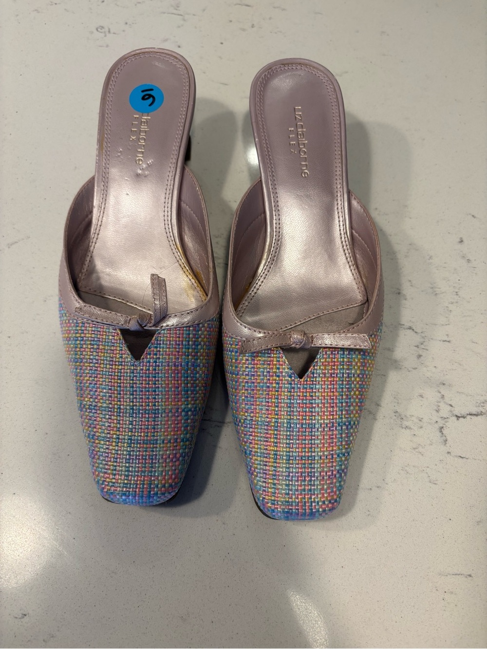 Y2K Liz Claiborne Pastel Tweed Mule Slides in Pink Trim